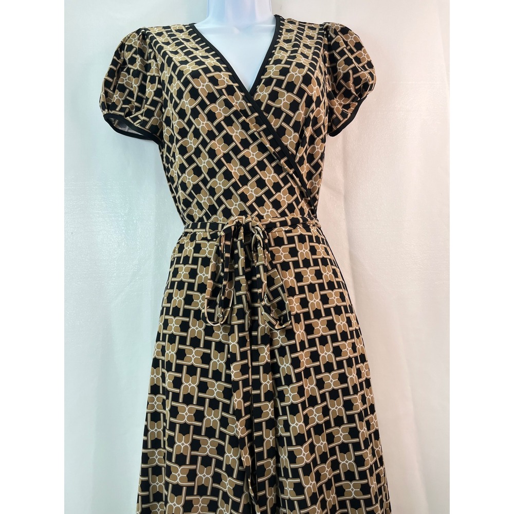 Women's Geometric Wrap Midi Dress Short Puff Sleeves S Secretary 50's Church - Picture 11 of 13